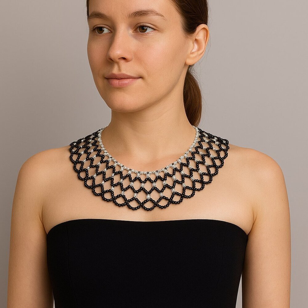 Vintage Black‎ and SIlver Bead Collar Necklace